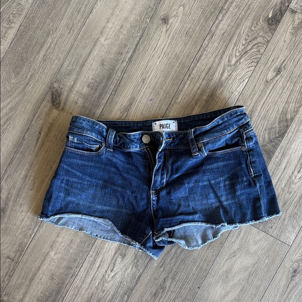 PAIGE Dark Blue Frayed Hem Denim Shorts